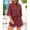 imageBTFBM Women Summer 2 Piece Outfits 2025 Matching Set Casual 34 Sleeve Tops Elastic Waist Shorts Lounge Sets With PocketWine Red