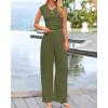 imageBTFBM Womens 2 Piece Outfits 2025 Summer V Neck Cap Sleeve Ruched Top and Wide Leg Pants Rib Knit Lounge Matching SetsArmy Green