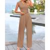 imageBTFBM Womens 2 Piece Outfits 2025 Summer V Neck Cap Sleeve Ruched Top and Wide Leg Pants Rib Knit Lounge Matching SetsKhaki