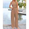imageBTFBM Womens 2 Piece Outfits 2025 Summer V Neck Cap Sleeve Ruched Top and Wide Leg Pants Rib Knit Lounge Matching SetsKhaki