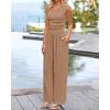 imageBTFBM Womens 2 Piece Outfits 2025 Summer V Neck Cap Sleeve Ruched Top and Wide Leg Pants Rib Knit Lounge Matching SetsKhaki
