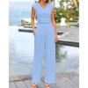 imageBTFBM Womens 2 Piece Outfits 2025 Summer V Neck Cap Sleeve Ruched Top and Wide Leg Pants Rib Knit Lounge Matching SetsLight Blue