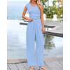 imageBTFBM Womens 2 Piece Outfits 2025 Summer V Neck Cap Sleeve Ruched Top and Wide Leg Pants Rib Knit Lounge Matching SetsLight Blue