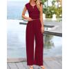 imageBTFBM Womens 2 Piece Outfits 2025 Summer V Neck Cap Sleeve Ruched Top and Wide Leg Pants Rib Knit Lounge Matching SetsWine Red