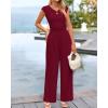 imageBTFBM Womens 2 Piece Outfits 2025 Summer V Neck Cap Sleeve Ruched Top and Wide Leg Pants Rib Knit Lounge Matching SetsWine Red