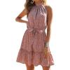 imageBTFBM Women 2025 Halter Neck Summer Dresses Casual Sleeveless Floral Polka Dot Print Ruffle Mini Boho Beach Sun DressFloral Brick Red