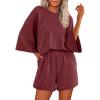 imageBTFBM Women Summer 2 Piece Outfits 2025 Matching Set Casual 34 Sleeve Tops Elastic Waist Shorts Lounge Sets With PocketWine Red