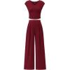 imageBTFBM Womens 2 Piece Outfits 2025 Summer V Neck Cap Sleeve Ruched Top and Wide Leg Pants Rib Knit Lounge Matching SetsWine Red