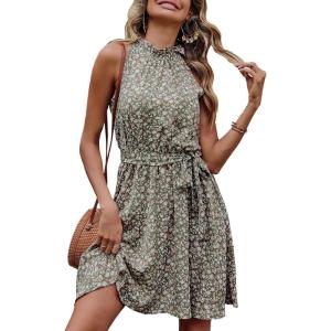 imageBTFBM Women 2025 Halter Neck Summer Dresses Casual Sleeveless Floral Polka Dot Print Ruffle Mini Boho Beach Sun DressFloral Print Army Green