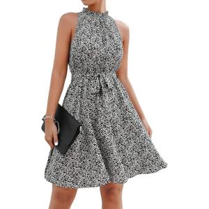 imageBTFBM Women 2025 Halter Neck Summer Dresses Casual Sleeveless Floral Polka Dot Print Ruffle Mini Boho Beach Sun DressFloral Print Black