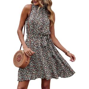 imageBTFBM Women 2025 Halter Neck Summer Dresses Casual Sleeveless Floral Polka Dot Print Ruffle Mini Boho Beach Sun DressFloral Print Black White