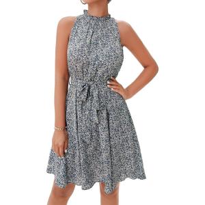 imageBTFBM Women 2025 Halter Neck Summer Dresses Casual Sleeveless Floral Polka Dot Print Ruffle Mini Boho Beach Sun DressFloral Print Blue