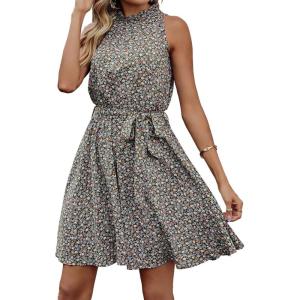 imageBTFBM Women 2025 Halter Neck Summer Dresses Casual Sleeveless Floral Polka Dot Print Ruffle Mini Boho Beach Sun DressFloral Print Dark Green