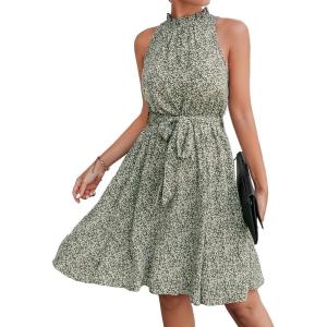 imageBTFBM Women 2025 Halter Neck Summer Dresses Casual Sleeveless Floral Polka Dot Print Ruffle Mini Boho Beach Sun DressFloral Print Green