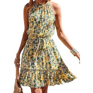 imageBTFBM Women 2025 Halter Neck Summer Dresses Casual Sleeveless Floral Polka Dot Print Ruffle Mini Boho Beach Sun DressFloral Yellow