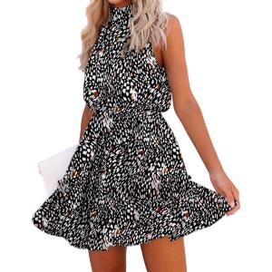 imageBTFBM Women 2025 Halter Neck Summer Dresses Casual Sleeveless Floral Polka Dot Print Ruffle Mini Boho Beach Sun DressLeopard Black