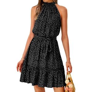 imageBTFBM Women 2025 Halter Neck Summer Dresses Casual Sleeveless Floral Polka Dot Print Ruffle Mini Boho Beach Sun DressPolka Dot Black