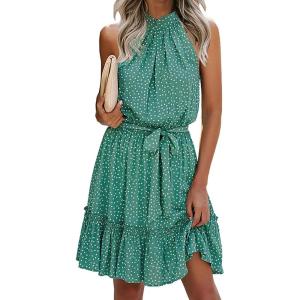 imageBTFBM Women 2025 Halter Neck Summer Dresses Casual Sleeveless Floral Polka Dot Print Ruffle Mini Boho Beach Sun DressPolka Dot Green