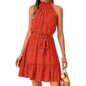 imageBTFBM Women 2025 Halter Neck Summer Dresses Casual Sleeveless Floral Polka Dot Print Ruffle Mini Boho Beach Sun DressPolka Dot Red