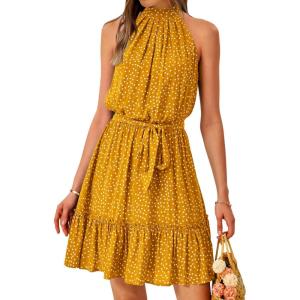 imageBTFBM Women 2025 Halter Neck Summer Dresses Casual Sleeveless Floral Polka Dot Print Ruffle Mini Boho Beach Sun DressPolka Dot Yellow