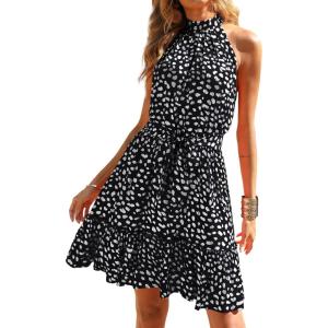 imageBTFBM Women 2025 Halter Neck Summer Dresses Casual Sleeveless Floral Polka Dot Print Ruffle Mini Boho Beach Sun DressWhite Dot Black