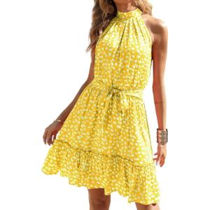 imageBTFBM Women 2025 Halter Neck Summer Dresses Casual Sleeveless Floral Polka Dot Print Ruffle Mini Boho Beach Sun DressWhite Dot Yellow