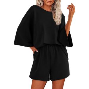 imageBTFBM Women Summer 2 Piece Outfits 2025 Matching Set Casual 34 Sleeve Tops Elastic Waist Shorts Lounge Sets With PocketBlack