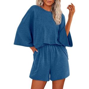 imageBTFBM Women Summer 2 Piece Outfits 2025 Matching Set Casual 34 Sleeve Tops Elastic Waist Shorts Lounge Sets With PocketBlue