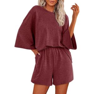 imageBTFBM Women Summer 2 Piece Outfits 2025 Matching Set Casual 34 Sleeve Tops Elastic Waist Shorts Lounge Sets With PocketWine Red