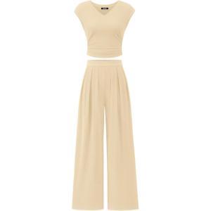 imageBTFBM Womens 2 Piece Outfits 2025 Summer V Neck Cap Sleeve Ruched Top and Wide Leg Pants Rib Knit Lounge Matching SetsApricot
