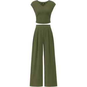 imageBTFBM Womens 2 Piece Outfits 2025 Summer V Neck Cap Sleeve Ruched Top and Wide Leg Pants Rib Knit Lounge Matching SetsArmy Green