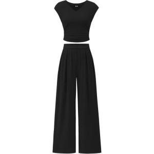 imageBTFBM Womens 2 Piece Outfits 2025 Summer V Neck Cap Sleeve Ruched Top and Wide Leg Pants Rib Knit Lounge Matching SetsBlack