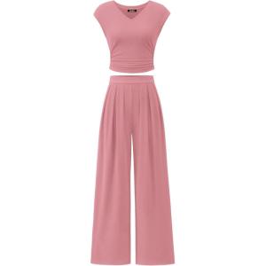 imageBTFBM Womens 2 Piece Outfits 2025 Summer V Neck Cap Sleeve Ruched Top and Wide Leg Pants Rib Knit Lounge Matching SetsDusty Pink