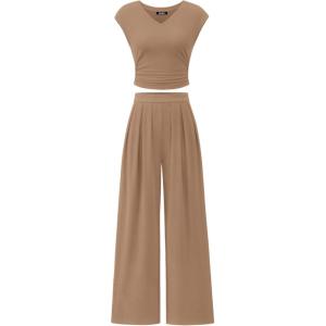 imageBTFBM Womens 2 Piece Outfits 2025 Summer V Neck Cap Sleeve Ruched Top and Wide Leg Pants Rib Knit Lounge Matching SetsKhaki