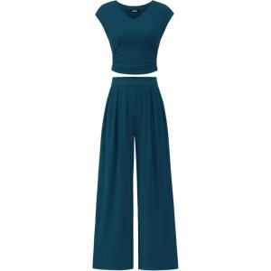 imageBTFBM Womens 2 Piece Outfits 2025 Summer V Neck Cap Sleeve Ruched Top and Wide Leg Pants Rib Knit Lounge Matching SetsLake Blue