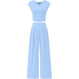 imageBTFBM Womens 2 Piece Outfits 2025 Summer V Neck Cap Sleeve Ruched Top and Wide Leg Pants Rib Knit Lounge Matching SetsLight Blue