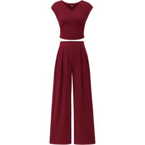 imageBTFBM Womens 2 Piece Outfits 2025 Summer V Neck Cap Sleeve Ruched Top and Wide Leg Pants Rib Knit Lounge Matching SetsWine Red