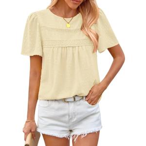 imageBTFBM Womens 2025 Summer Tops Swiss Dot Lace Crochet Crewneck Short Sleeves Casual Cute Shirts Boho BlousesApricot