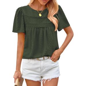imageBTFBM Womens 2025 Summer Tops Swiss Dot Lace Crochet Crewneck Short Sleeves Casual Cute Shirts Boho BlousesArmy Green