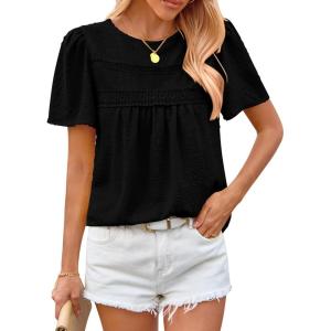 imageBTFBM Womens 2025 Summer Tops Swiss Dot Lace Crochet Crewneck Short Sleeves Casual Cute Shirts Boho BlousesBlack