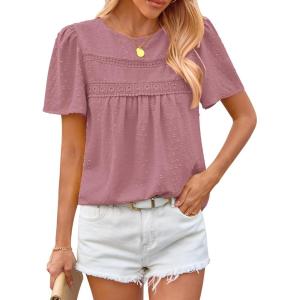 imageBTFBM Womens 2025 Summer Tops Swiss Dot Lace Crochet Crewneck Short Sleeves Casual Cute Shirts Boho BlousesDusty Pink