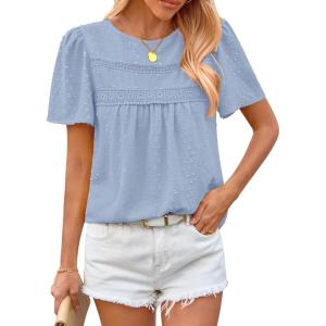 imageBTFBM Womens 2025 Summer Tops Swiss Dot Lace Crochet Crewneck Short Sleeves Casual Cute Shirts Boho BlousesLight Blue