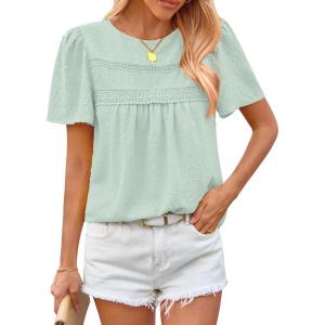 imageBTFBM Womens 2025 Summer Tops Swiss Dot Lace Crochet Crewneck Short Sleeves Casual Cute Shirts Boho BlousesMint Green