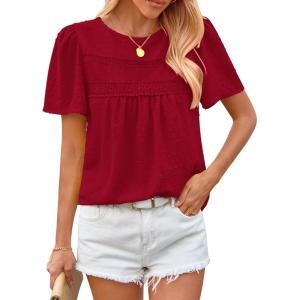 imageBTFBM Womens 2025 Summer Tops Swiss Dot Lace Crochet Crewneck Short Sleeves Casual Cute Shirts Boho BlousesRed