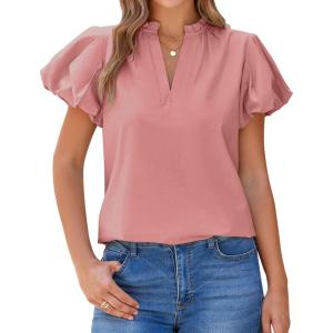 imageBTFBM Womens Spring Summer Tops Dressy Casual 2025 Trendy V Neck Puff Short Sleeve Cute Shirts Business Work BlousesPink