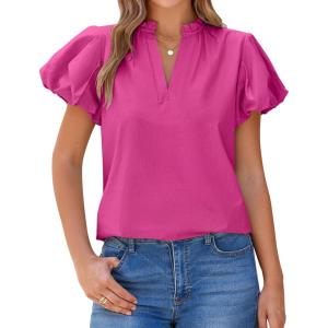 imageBTFBM Womens Spring Summer Tops Dressy Casual 2025 Trendy V Neck Puff Short Sleeve Cute Shirts Business Work BlousesRose Red