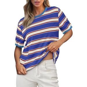 imageBTFBM Womens Summer Tops 2025 Crewneck Short Sleeve Striped T Shirts Casual Loose Lightweight Color Block Basic TeeBlue Apricot