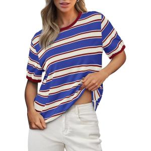 imageBTFBM Womens Summer Tops 2025 Crewneck Short Sleeve Striped T Shirts Casual Loose Lightweight Color Block Basic TeeBlue Wine Red