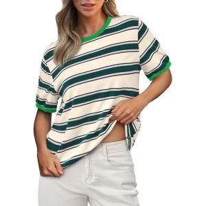 imageBTFBM Womens Summer Tops 2025 Crewneck Short Sleeve Striped T Shirts Casual Loose Lightweight Color Block Basic TeeDark Green Apricot