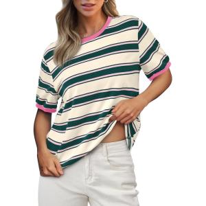 imageBTFBM Womens Summer Tops 2025 Crewneck Short Sleeve Striped T Shirts Casual Loose Lightweight Color Block Basic TeeDark Green Pink